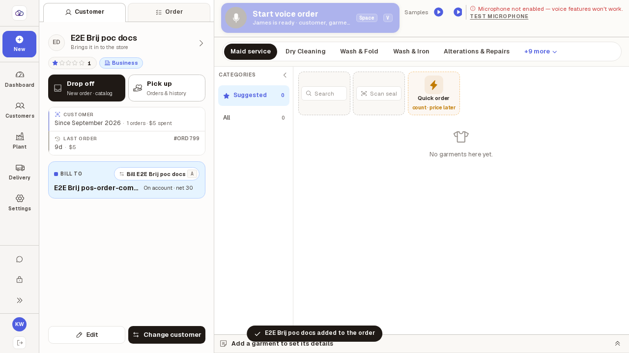 New order screen with a company customer picked: the Bill to card names the company and its terms, On account · net 30.