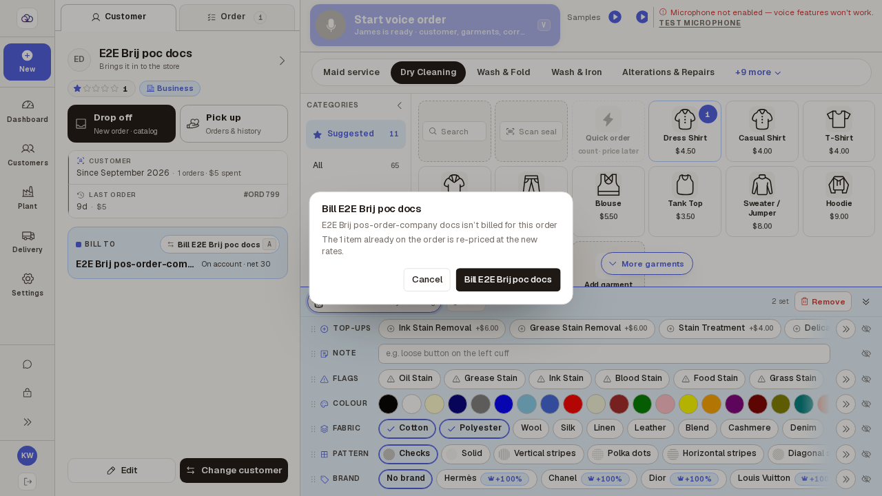 Confirm box asking to bill the person instead of the company, warning that items already on the order are re-priced.