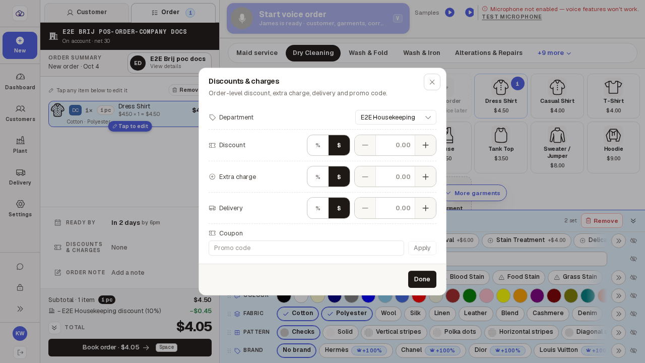 Discounts & charges panel with the Department picker set to E2E Housekeeping.