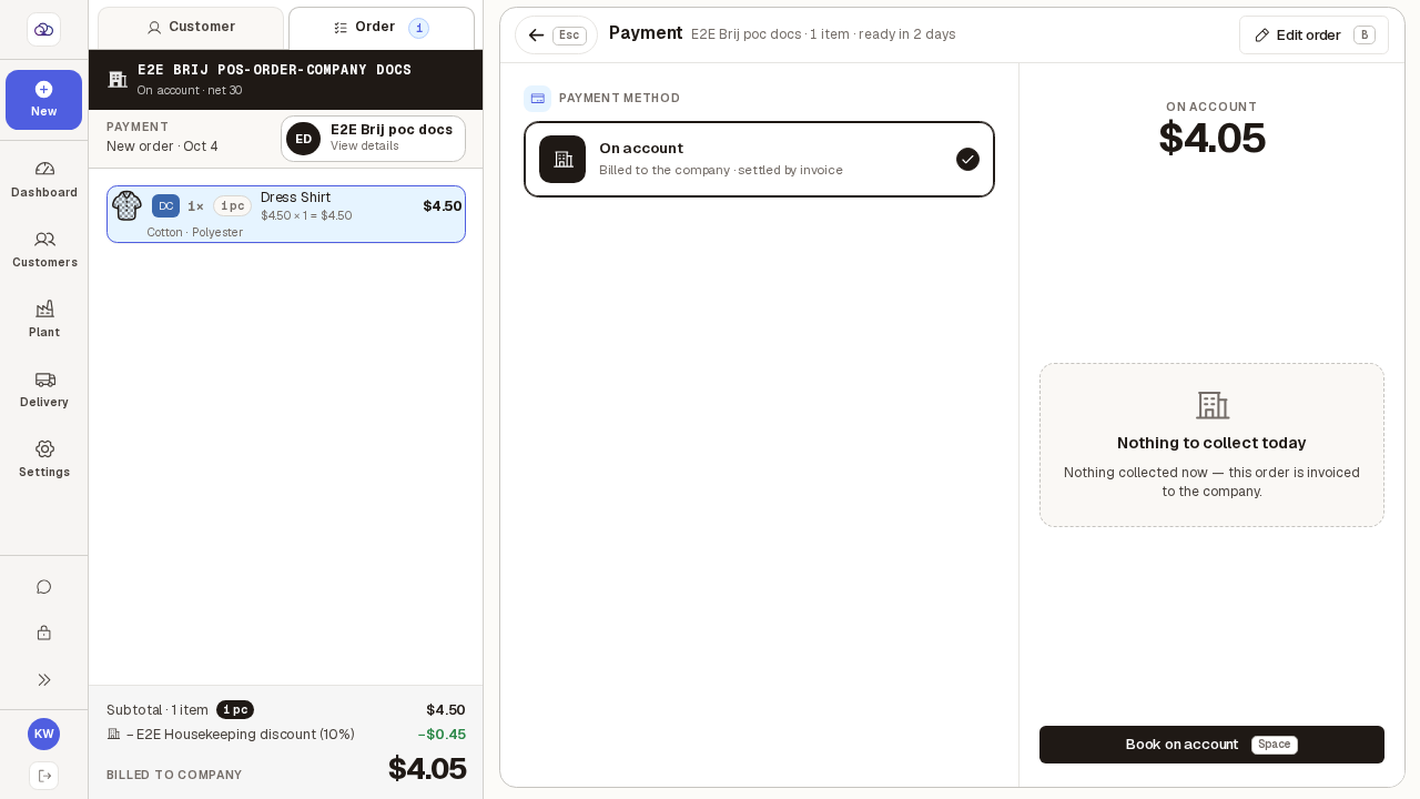 Payment step for a company order: On account is the only method and nothing is collected today.