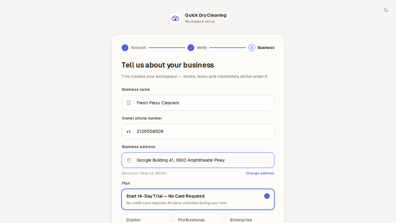 Tell us about your business, filled in: business name, owner phone, a picked business address, and the Start 14-Day Trial — No Card Required plan already selected.