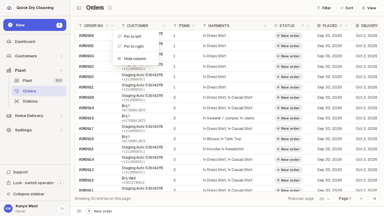 A column header menu open over the order history.