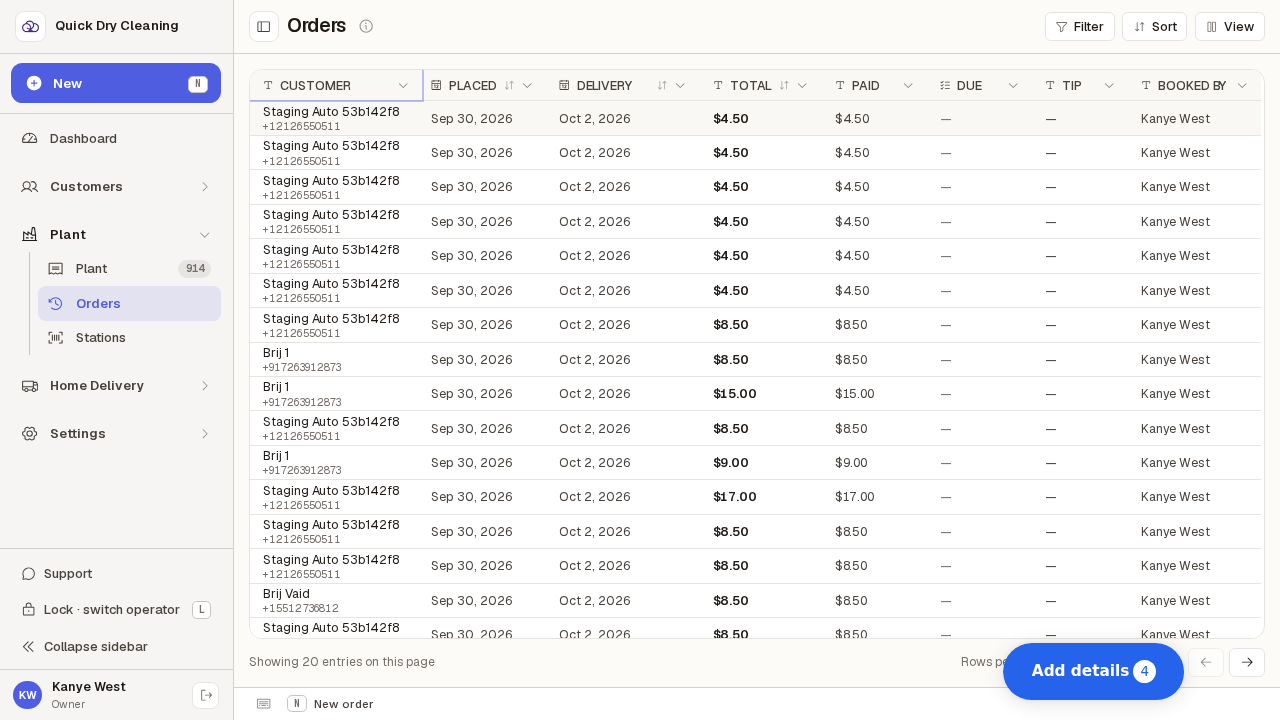 The order history with the Customer column pinned to the left.