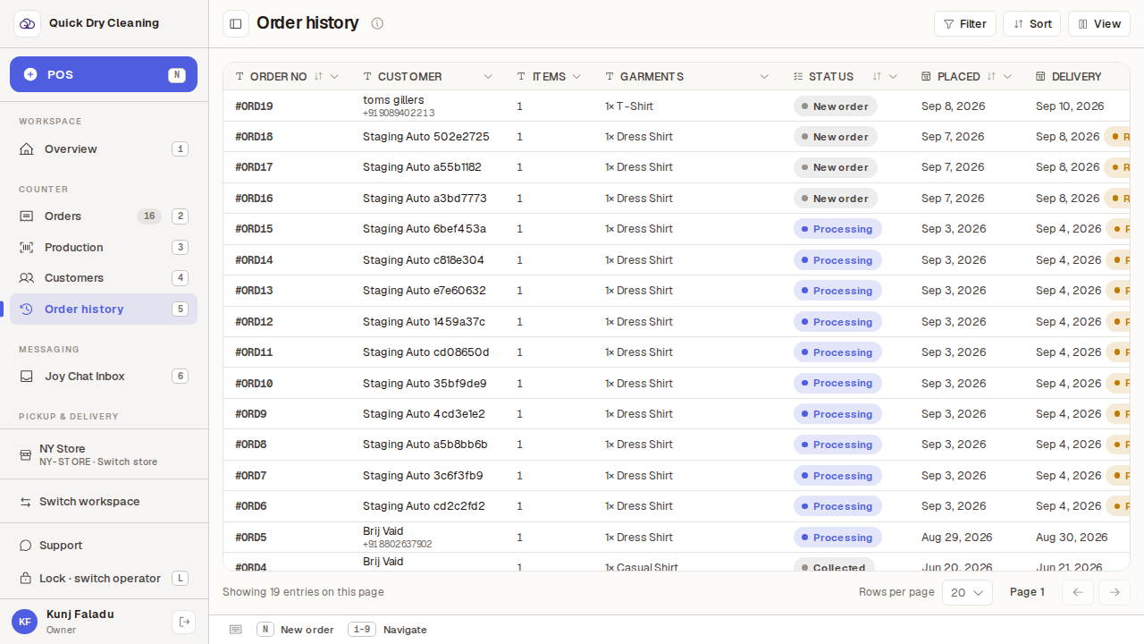 The order history once it has finished loading, showing the first page of orders.
