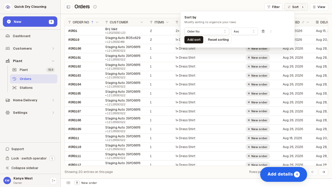 The order history returned to page one once a sort is applied.