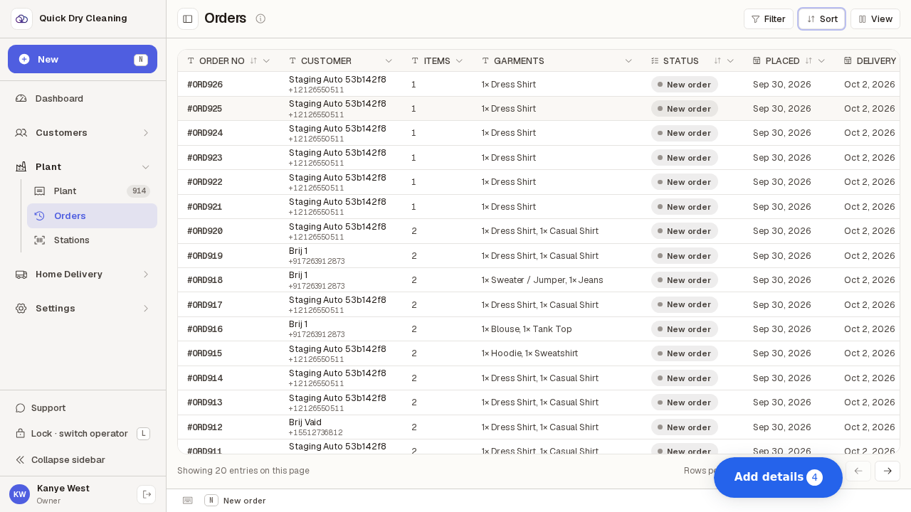 The order history after the sort is cleared, still on page one.