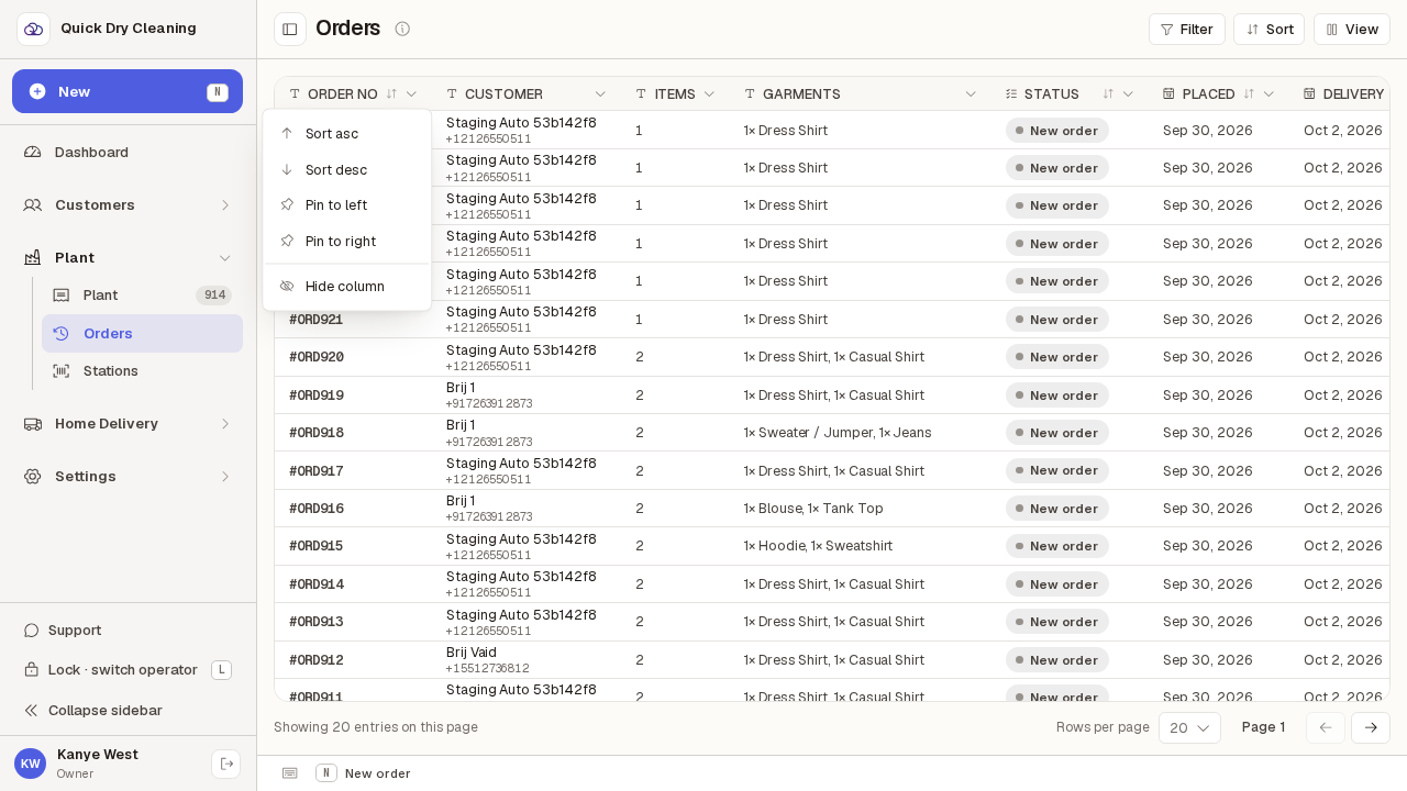 A sortable column's menu open, offering ascending and descending order.