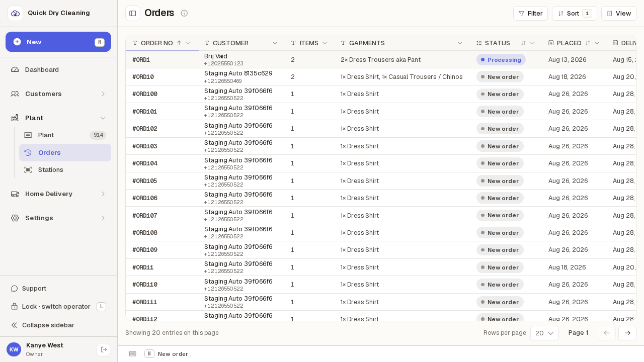 The order history sorted into ascending order on a column.
