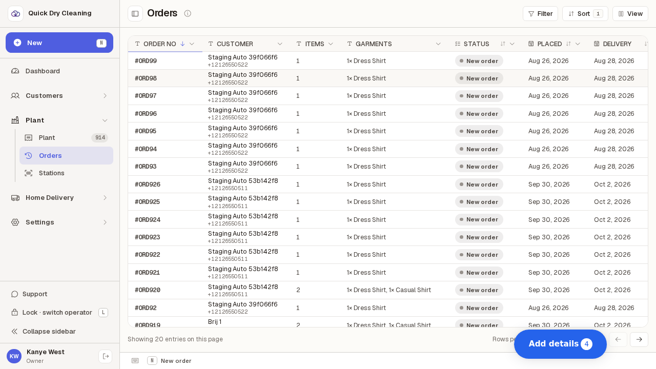 The order history sorted into descending order on the same column.