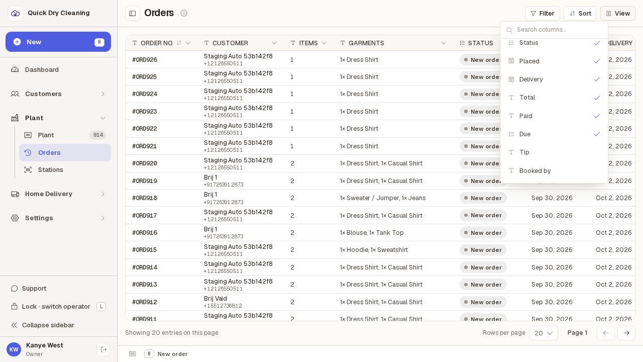 The View popover listing which order history columns are shown.