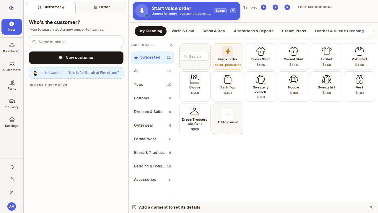 The New order screen on a brand-new account: an empty Recent customers list on the left and the default Dry Cleaning catalog on the right.