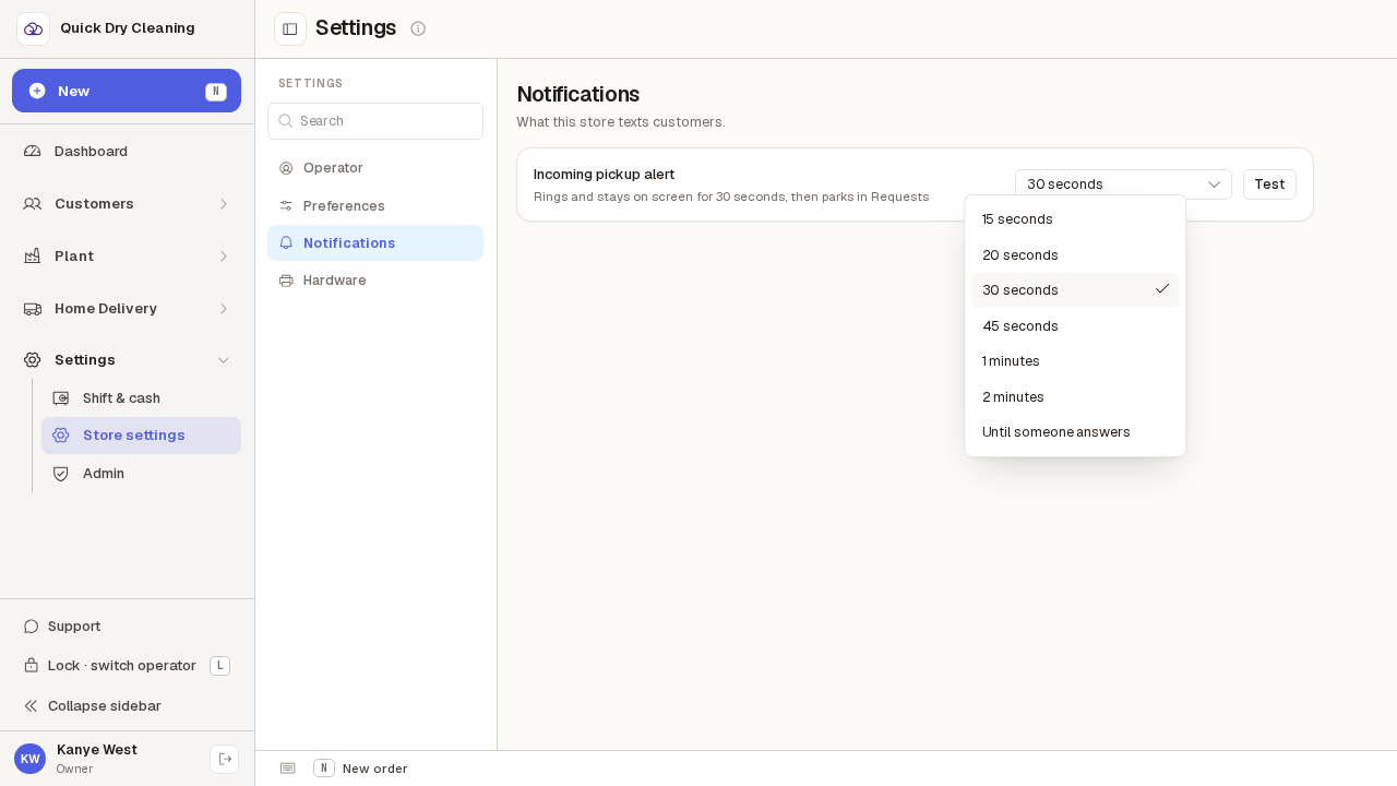 The pickup alert duration drop-down open on Settings → Notifications, offering 15, 20, 30 and 45 seconds, 1 and 2 minutes, and "Until someone answers".