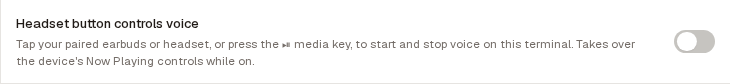 The "Headset button controls voice" row on Settings → Preferences with its switch turned off.