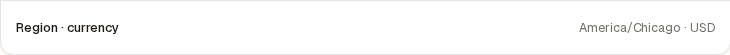 The "Region · currency" row on Settings → Operator, reading "America/Denver · USD".