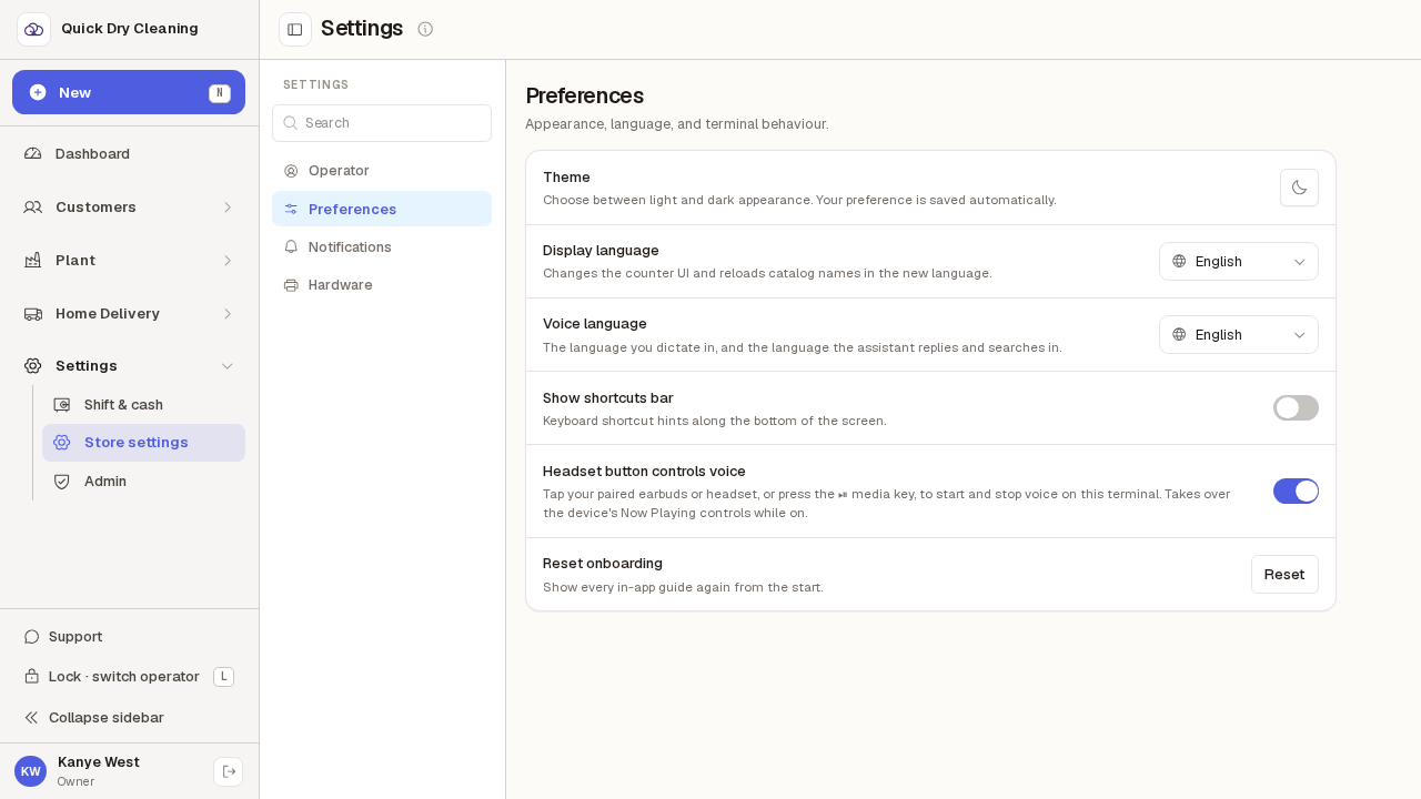 Settings → Preferences with "Show shortcuts bar" switched off and no shortcuts bar along the bottom of the screen.