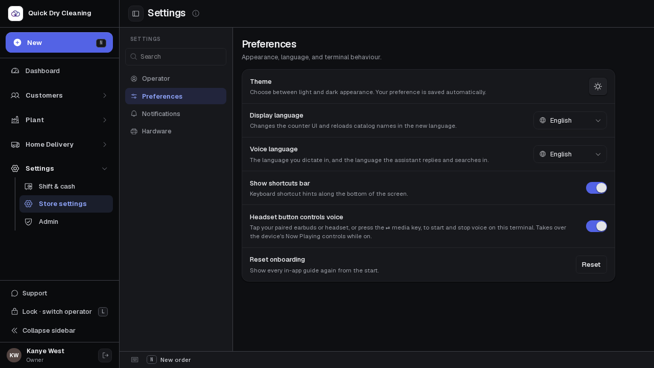 Settings → Preferences with the POS switched to the dark theme; the theme button now shows a sun.